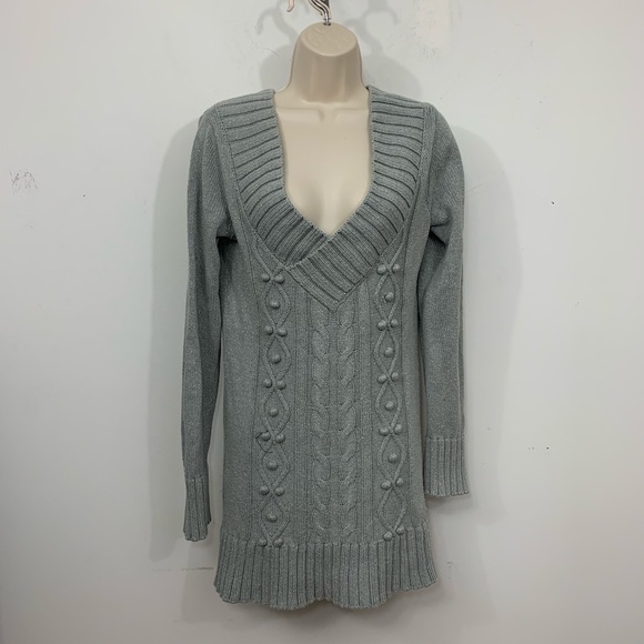 DKNY jeans cable knit v-neck gray silver sweater L - Picture 1 of 8